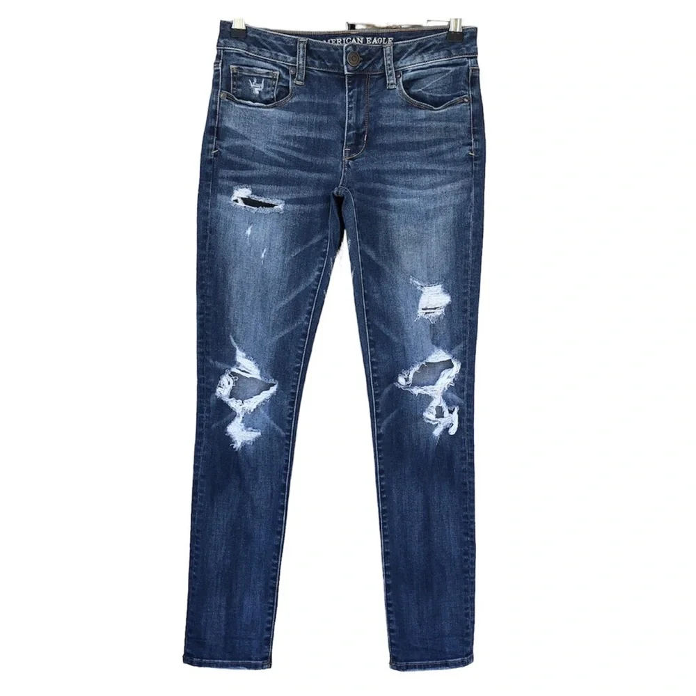 A E O Super Stretch X Ripped Distressed Blue Wash Mid Rise Skinny Jeans 6